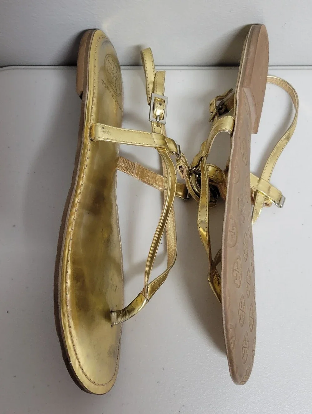 Tory Burch Metallic Gold Logo Slingback Sandals Size 8M.
